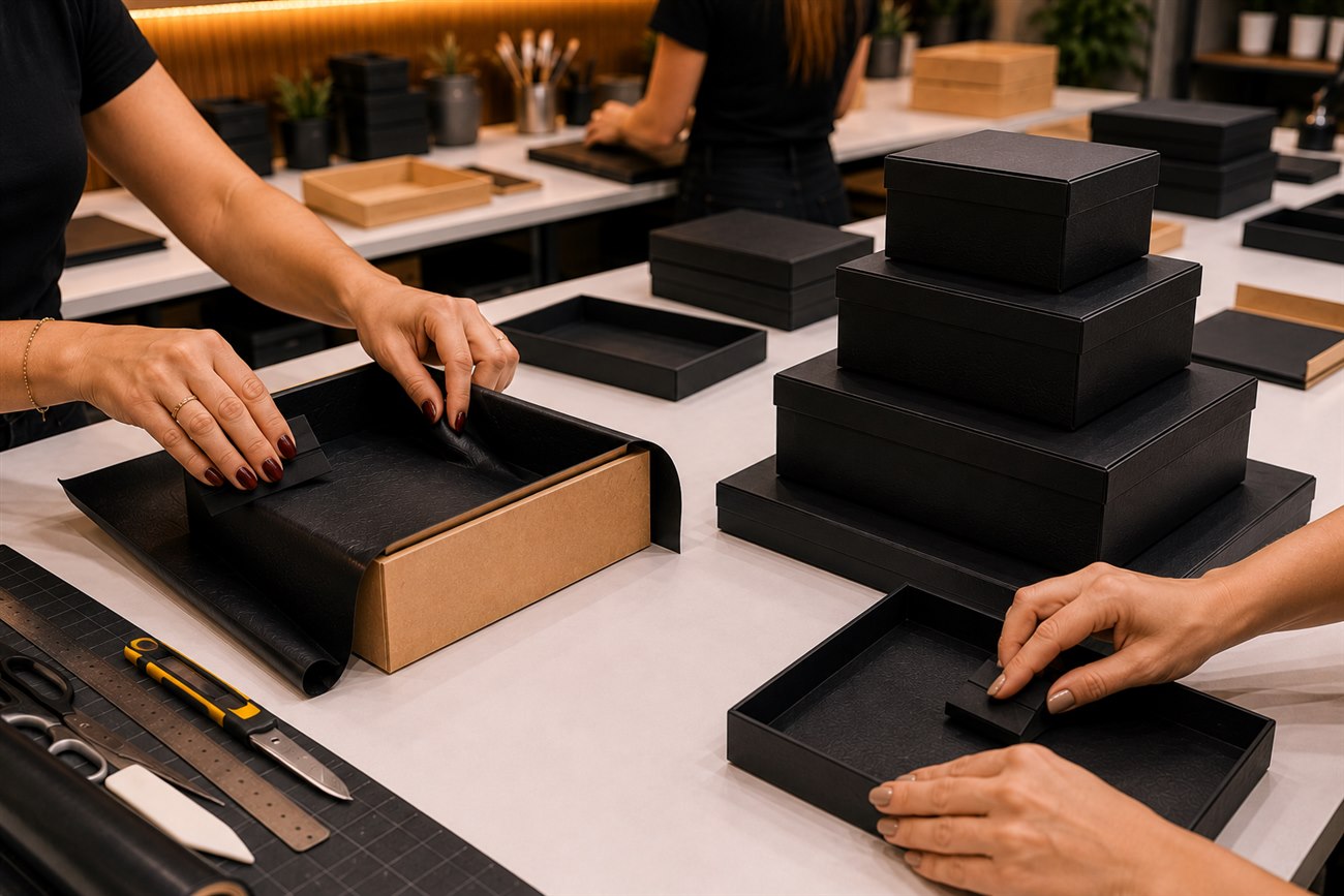 Produção de caixas premium em bancada de acabamento artesanal
